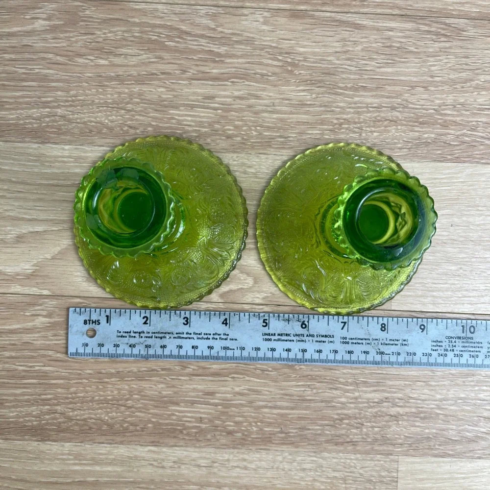 Tiara Sandwich Green Glass Candlestick Holders Set of 2 Vintage Scalloped Base